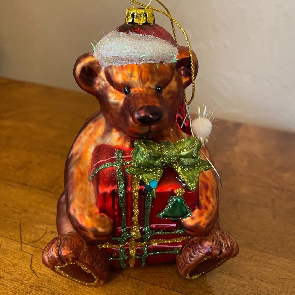 Festive Christmas Bear Holding Present Glass Ornament